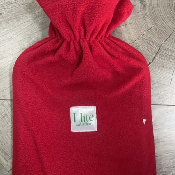 A red flannel thermal container designed for heat therapy and warming, made by Elite Solution. The Elite hot water bottle. Elite Hot Water Bag
