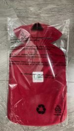 A red plastic bag with a hazard warning, designed to protect children and infants from risks associated with unsafe use.