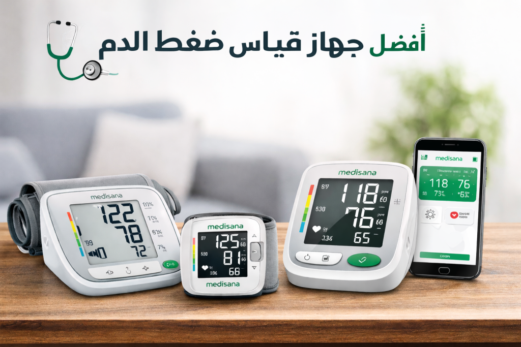 أفضل جهاز قياس ضغط الدم من ماركة Medisana يعرض ثلاثة أجهزة رقمية مع شاشة واضحة وهاتف ذكي يوضح القراءات الصحية.