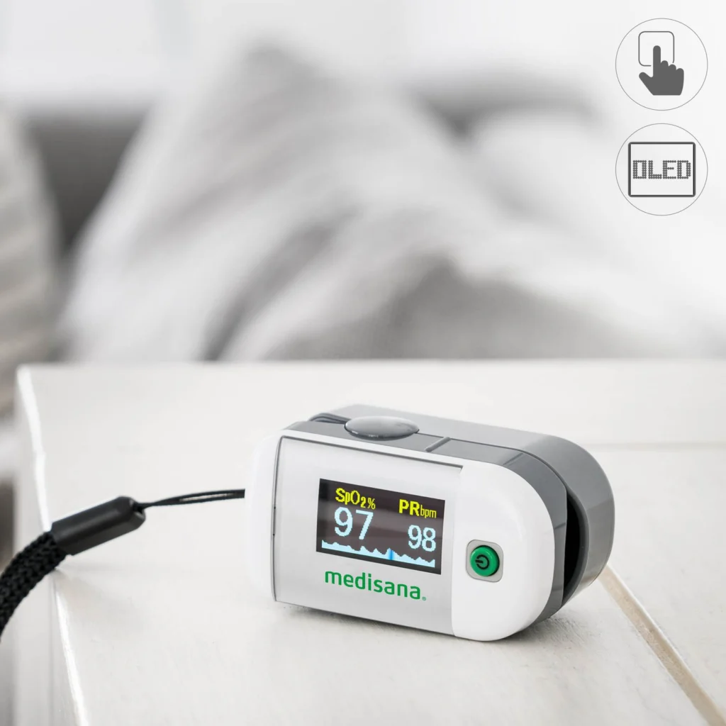 Pulse oximeter display features including Perfusion Index PI SpO2 and pulse rate